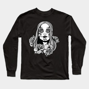 Sugar Skull Woman with Roses Black and White Long Sleeve T-Shirt